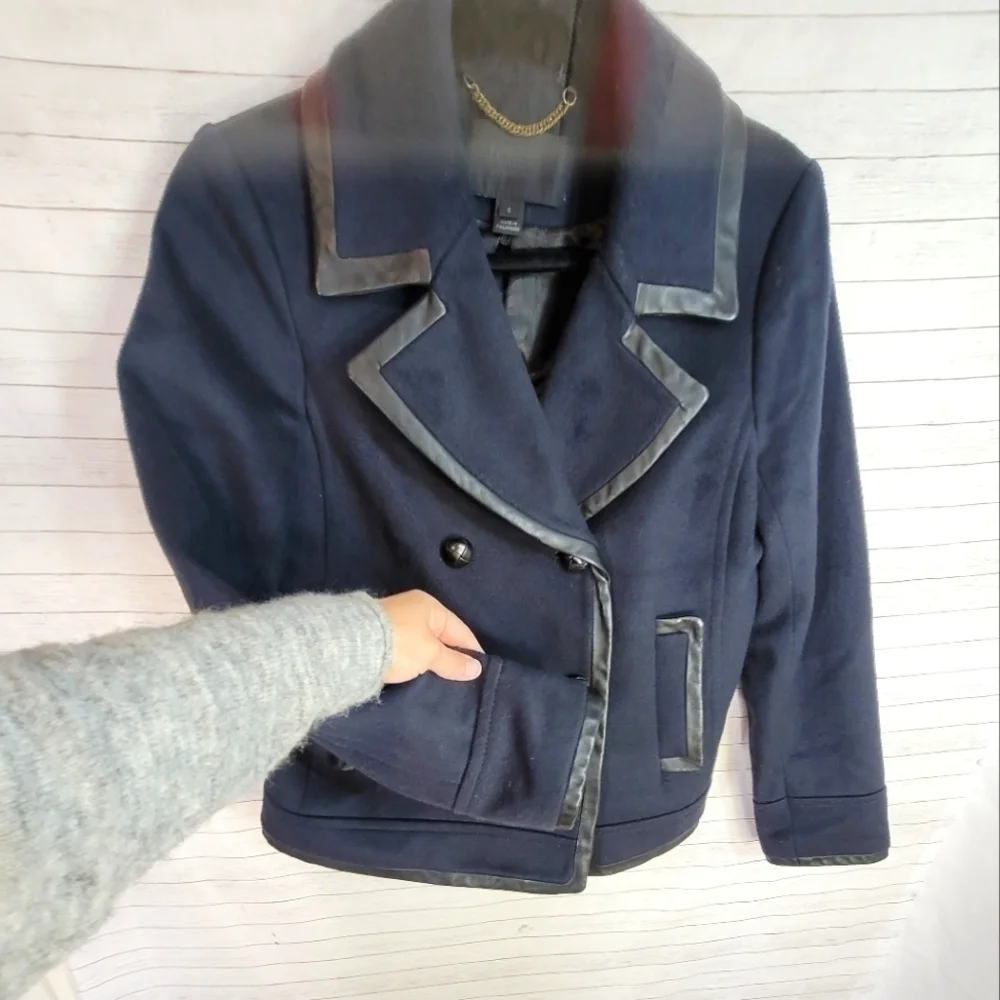 J.CREW COLLECTION NAVY WOOL & BLACK LEATHER TRIM PEACOAT, SZ 6 - Picture 5 of 14